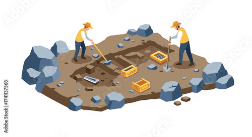 Isometric archaeological excavation scene with workers and artifacts