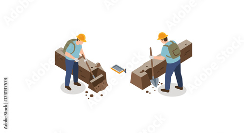 Isometric construction workers breaking concrete beams with tools