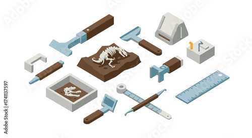 Archaeological tools with dinosaur fossils in isometric style