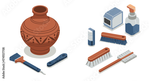 Isometric ceramic vase with cleaning tools for pottery and home maintenance