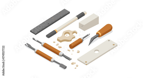 Isometric woodworking tools set with chisels, ruler, and carving knife on white background