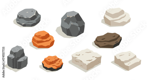Collection of geometric rocks in minimalist isometric style for modern design