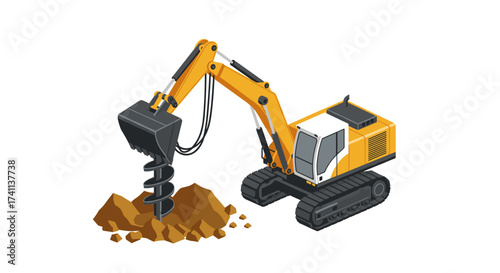 Isometric construction excavator with auger in action on dirt pile