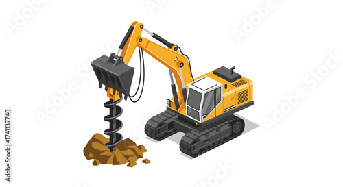 Isometric excavator drilling ground with spiral auger on white background