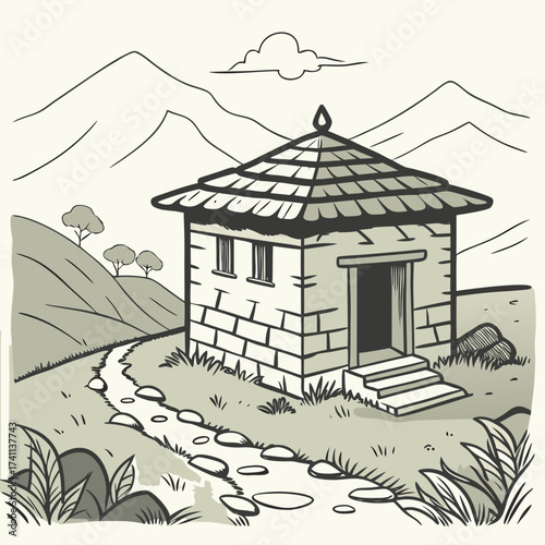 Rustic stone hut with thatched roof in a hilly landscape