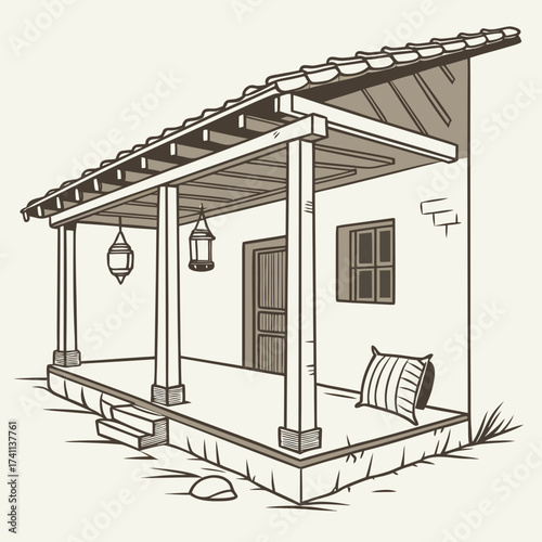 Rustic Village House With Porch And Lanterns home rural