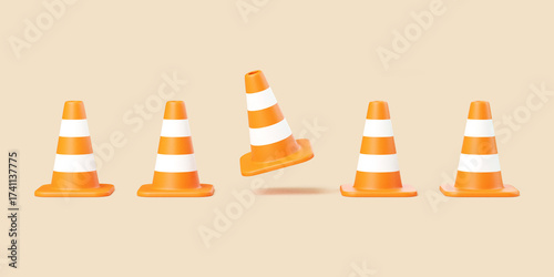 Five orange traffic cones with one tilted in the middle on beige background