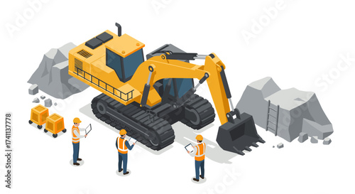 Construction team operating heavy machinery with excavator in quarry isometric scene