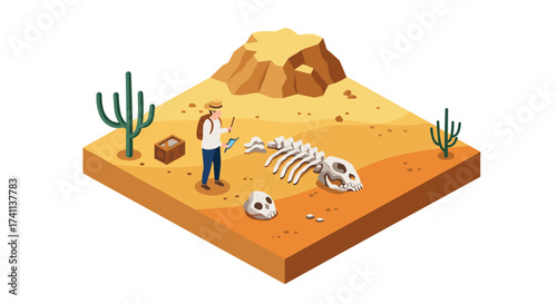 Isometric desert archaeology with explorer and dinosaur fossils