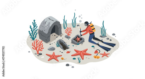Diver exploring underwater ruins with sea life and coral