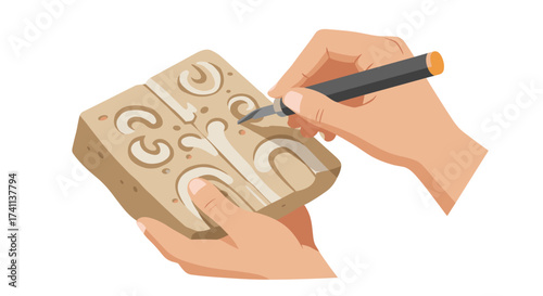 Hand carving clay mold with precision tool in artistic technique