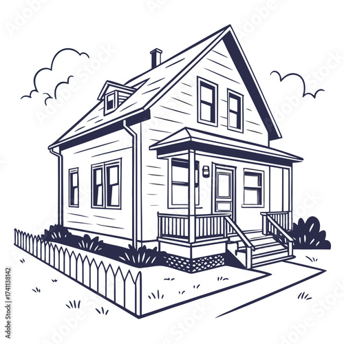 Sketch of a traditional American house with a picket fence Keywords: house, home, dwelling