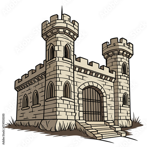 Small stone castle with two towers and a gate medieval