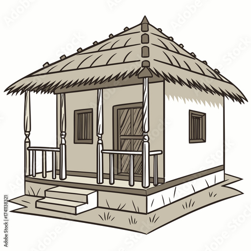 Small Thatched Roof Hut with Porch and Steps house