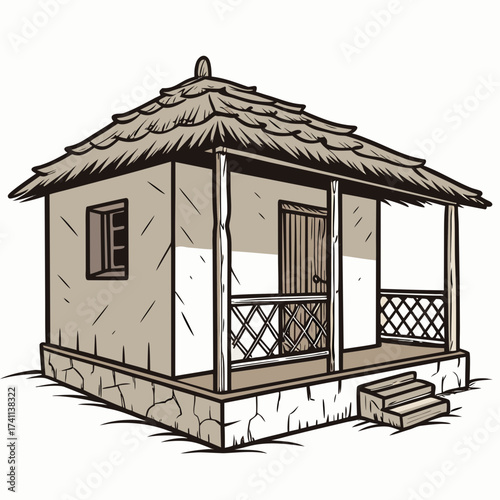 Small Thatched Roof Hut With Stone Foundation house