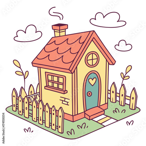 Small yellow house with red roof and picket fence home