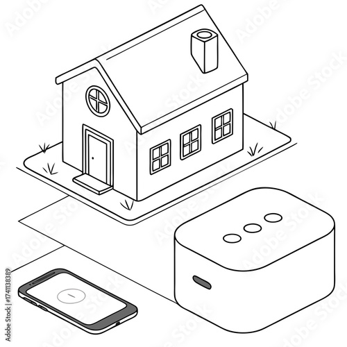 Smart Home System with House Speaker and Smartphone Line Art Keywords: smart home, house