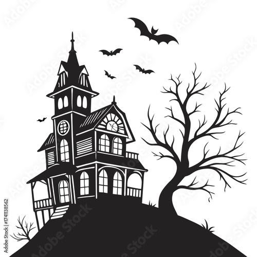 Spooky haunted house silhouette with bats and bare tree