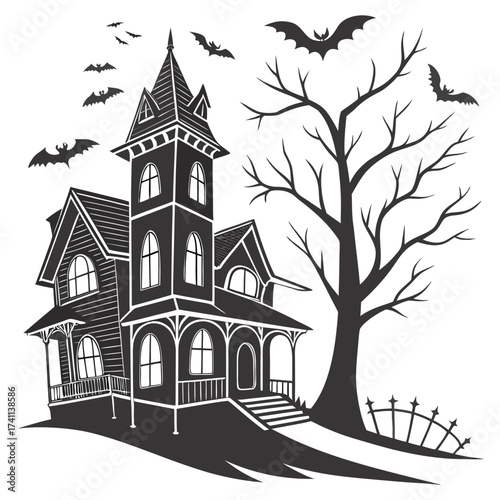 Spooky Haunted House with Bats and Bare Tree Silhouette Keywords: halloween, haunted house