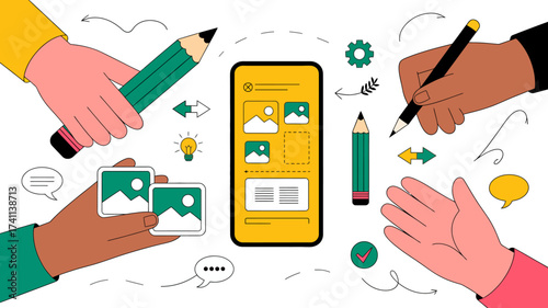 Creative team collaborates on mobile app design, brainstorming ideas with sketches and prototypes for modern user experience.