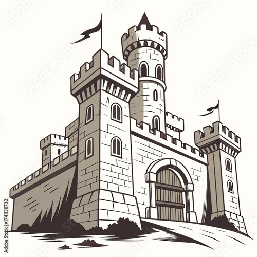 Stone Medieval Castle With Towers And Flags fortress