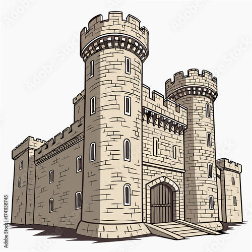 Stone medieval castle with towers and gatehouse fortress