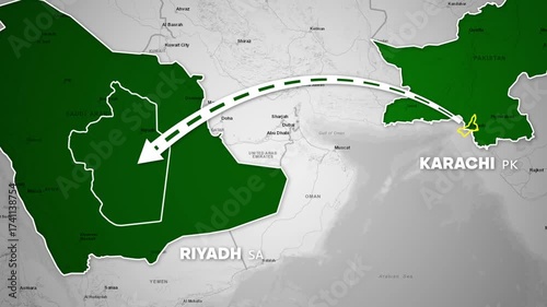 Travel route from Karachi to Riyadh on a map showing the flight path ideal for travel and tourism infographics