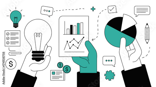 Brainstorming innovative business ideas and analyzing financial growth with dynamic charts and strategic planning tools