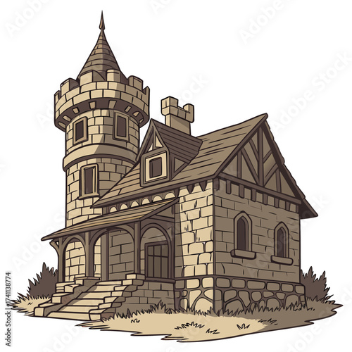 Stone Tower and House with Tudor Style Gable castle