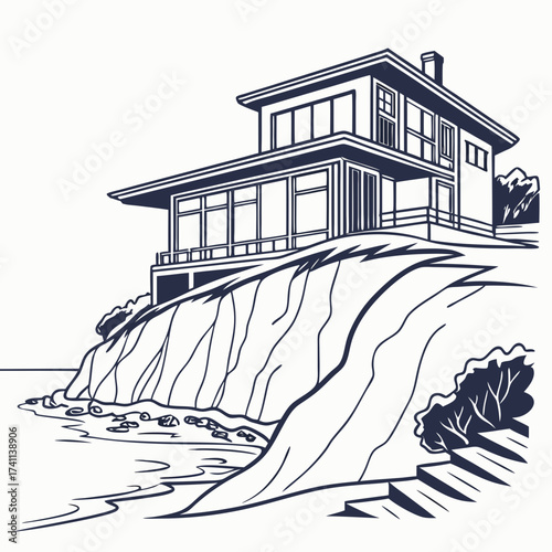 Stylized illustration of a modern house on a cliff overlooking the sea
