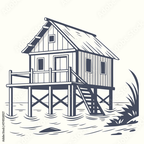Stylized Stilt House on Water with Stairs house on stilts