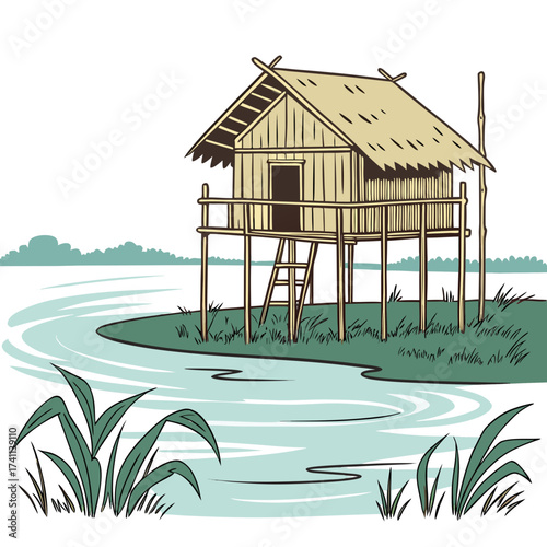 Thatched Hut on Stilts Overlooking Water with Ladder