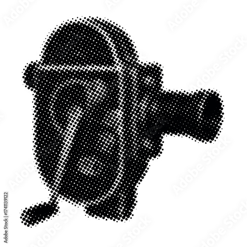 Halftone vintage movie camera graphic with film reel and lens in black and white