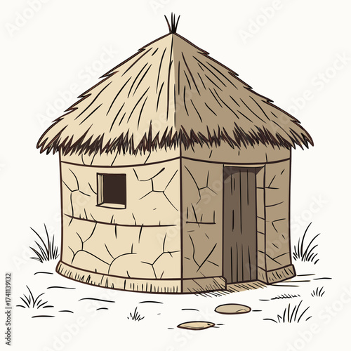 Thatched Roof Hut With Cracked Walls Keywords: thatched hut, traditional house, straw roof