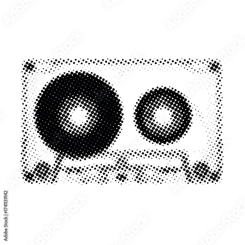 Halftone retro cassette tape design in black and white