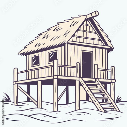 Thatched Roof Stilt House with Stairs house on stilts