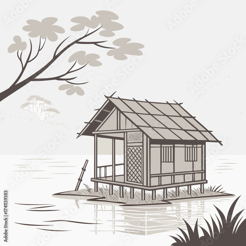 Traditional stilt house on water with muted tones bungalow