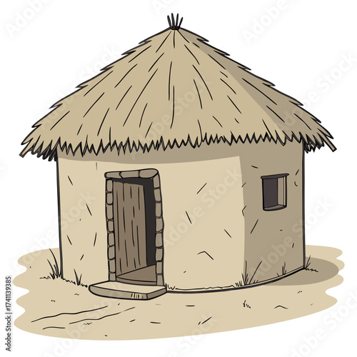 Traditional Thatched Hut With Open Door Keywords: thatched hut, traditional dwelling, rustic