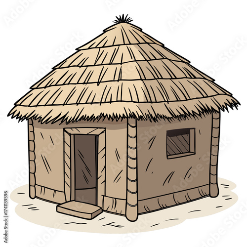Traditional thatched roof hut with straw walls and a small window