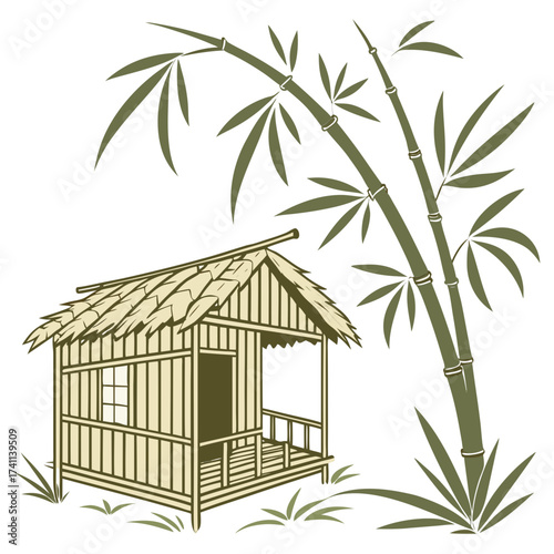 Tropical Hut and Bamboo Plant Illustration thatched roof