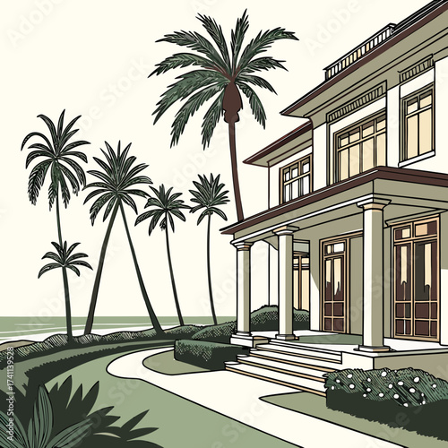 Tropical mansion with palm trees and ocean view house
