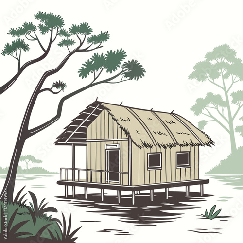 Tropical stilt house by the water with lush trees bungalow