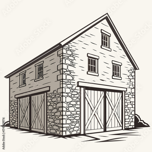 Two-story stone barn with large garage doors and windows