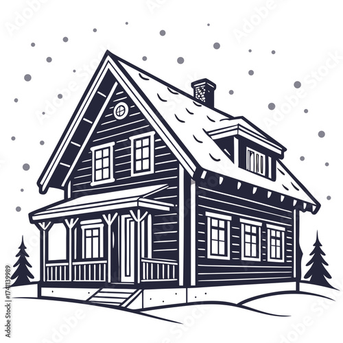 Two-story wooden house with a porch in a snowy environment
