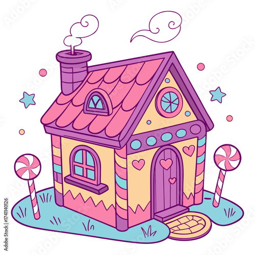 Whimsical candy house with lollipops and smoke from chimney