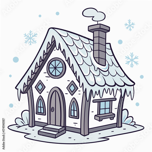 Whimsical cartoon winter cottage with snowflakes house