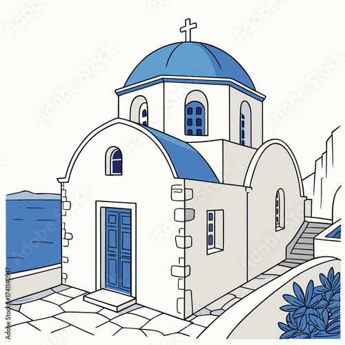 White Church with Blue Dome and Door by the Sea chapel
