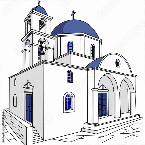 White Greek Orthodox Church With Blue Domes And Bell Tower Keywords: church, orthodox, greek