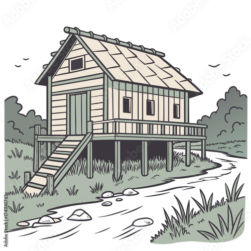 Wooden stilt house by a stream with trees and birds