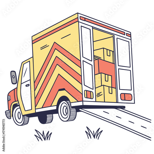 Yellow and red moving truck with open back and boxes